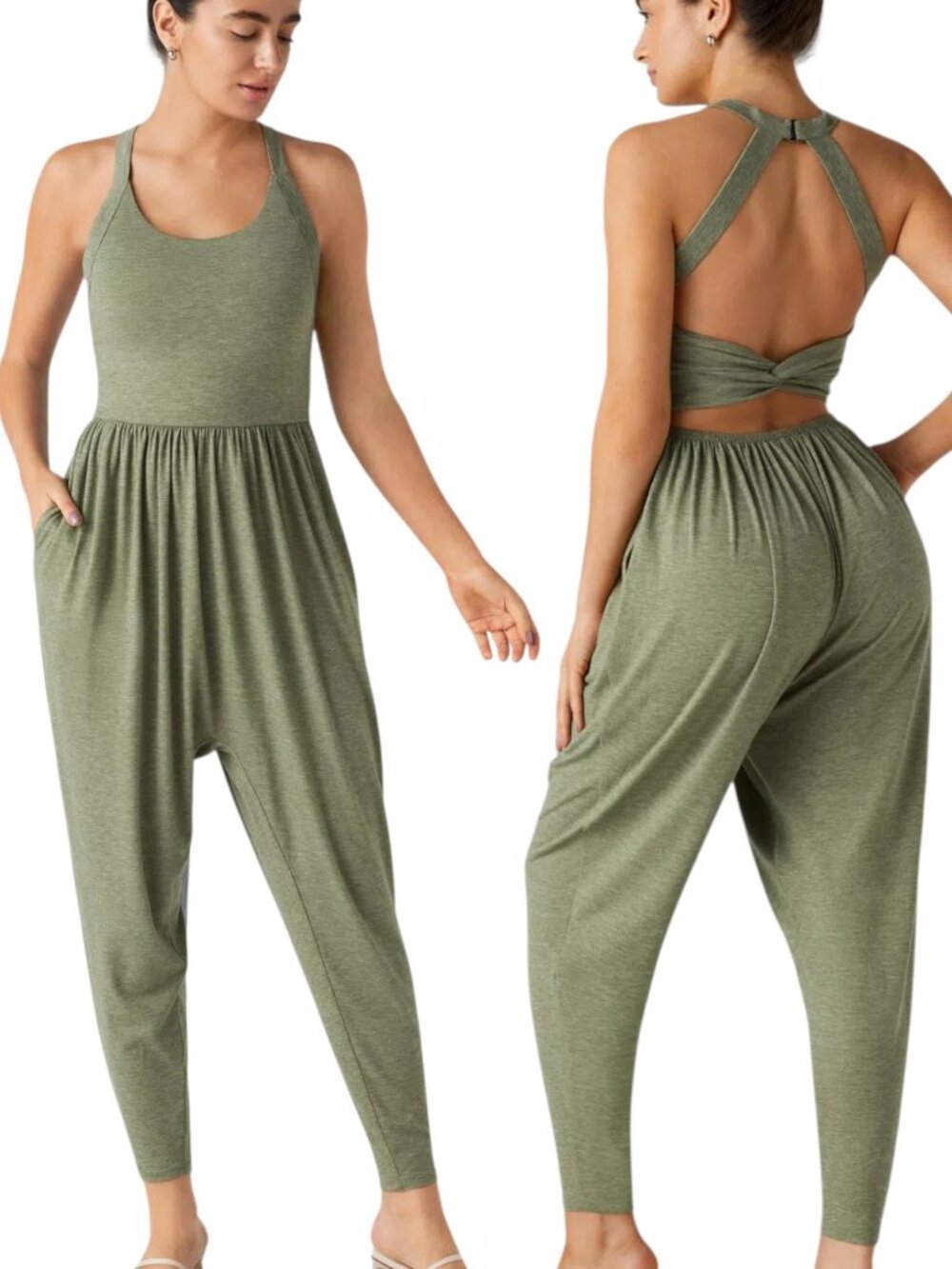 Halara U Neck Pocket Harem Casual Jumpsuit-Easy Peezy Edition - Light Green - S